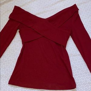 burgundy off the shoulder long sleeve shirt